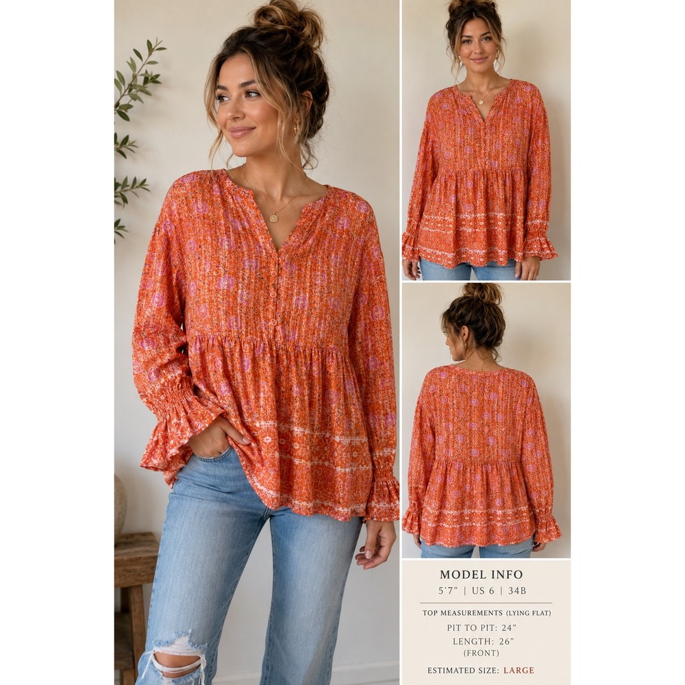 RD Style Koko Orange Boho Metallic Peplum Babydoll Blouse Size L